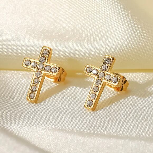 Zircon Cross Stud‎ Earrings 18K Gold Plated Minimalist - Picture 1 of 6